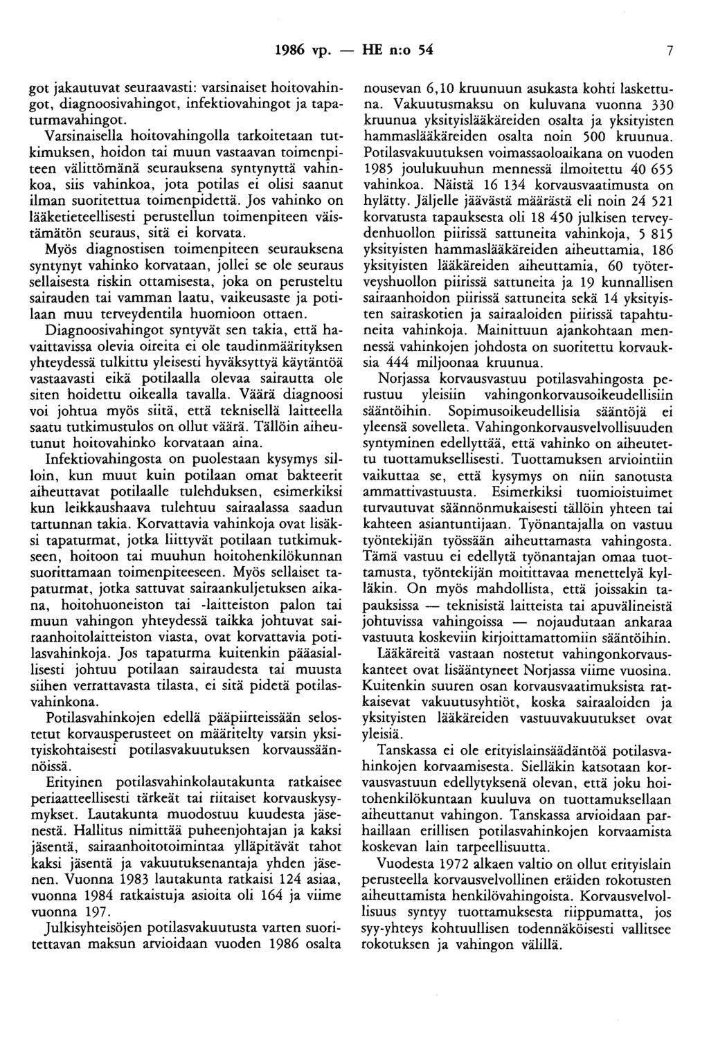 1986 vp. - HE n:o 54 7 got jakautuvat seuraavasti: varsinaiset hoitovahingot, diagnoosivahingot, infektiovahingot ja tapaturmavahingot.