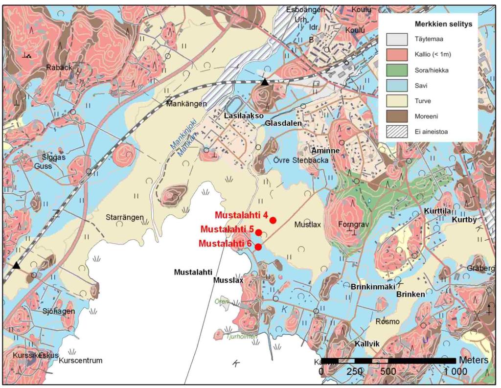 Kuva 3. Mustalahden tutkimusalueen maaperän pääpiirteet ja tutkimuspisteiden sijainti. Taulukko 1.