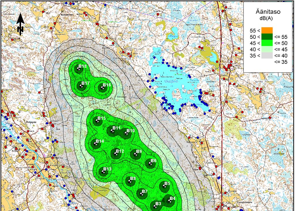 Melutasot ovat päivä- ja yöajan suunnitteluohjearvojen tasalla tai alapuolella sekä vakituisilla asuinalueilla että yksittäisten asuintalojen ja loma-asuntojen kohdalla.