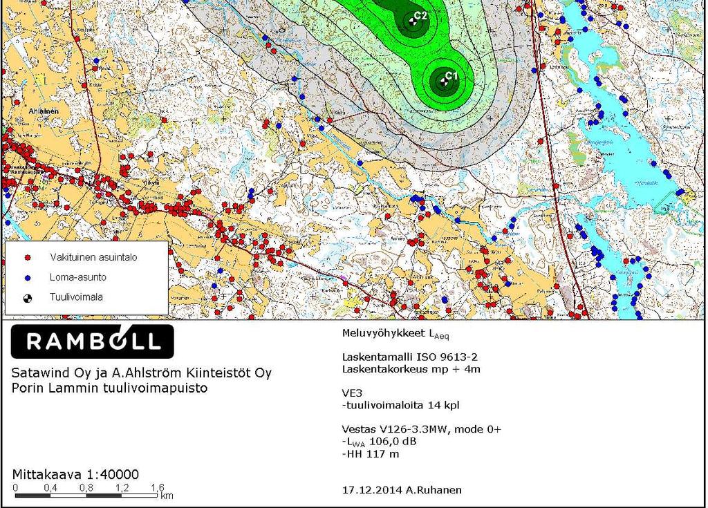 (päivällä L Aeq 45 db ja yöllä L Aeq 40 db). Lomaasuntojen kohdalla melutaso jää päiväajan suunnitteluohjearvon L Aeq 40 db alle.