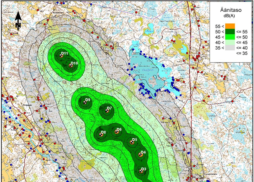 nitteluohjearvon Lampinjoen varren ja Uksjärven rannan loma-asuntojen kohdalla.