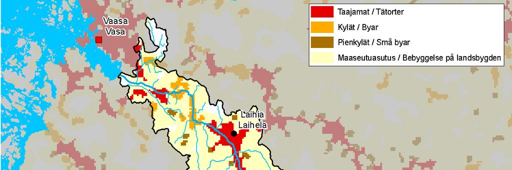 Taulukko 3. Laihianjoen vesistöalueella sijaitsevien keskeisten kuntien väestö vuonna 2009 ja ennustettu väestökehitys vuoteen 2025.