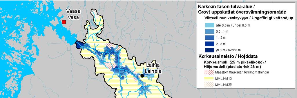 Kuvassa 17 on esitetty karkean mallin määrittämät tulva-alueet Laihianjoella kerran 1000 vuodessa toistuvalla tulvaskenaariolla.