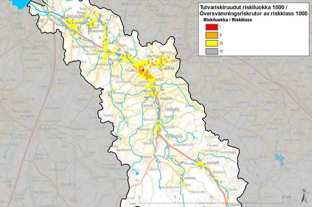 Kuva 18. Karkean tason tulva-alueella (1/1000 vuotta) olevat tulvariskiruudut ja tulvariskiruutualueet Laihianjoen vesistöalueella.