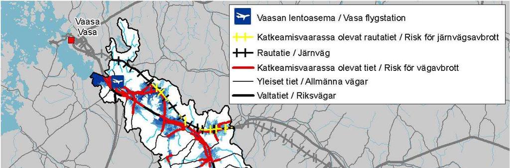 Kuva 21. Tiestön pääväylät ja rautatiet sekä niiden mahdolliset katkeamiskohdat Laihianjoen vesistöalueella.