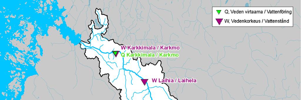 Kuva 6. Vedenkorkeus- ja virtaamahavaintoasemat Laihianjoella. ( SYKE, ELY-keskukset) Taulukossa 1 on esitetty Karkkimalan havaintoaseman vedenkorkeus- ja virtaamatietoja vuosijaksolla 1972 2008.