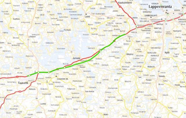 VT 6 TAAVETISTA LAPPEENRANTAAN 28 km valtatietä 11,5 km uutta 16,5 km leventämistä 5 eritasoliittymää 20 km maantietä 8 km kevyen liikenteen 17 km yksityisteitä 17