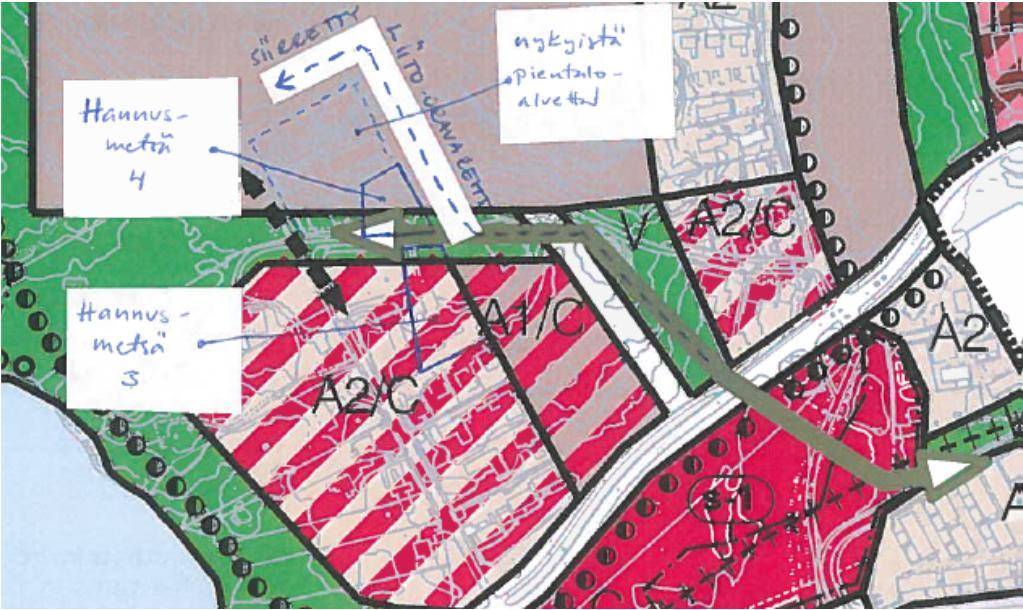Mielipiteiden lyhennelmät ja vastineet 3 (42) 2. 1. Kaavaluonnokseen on piirretty liito-oravan kulkuyhteys kulkemaan tonttiemme välistä pitkin Hannusmetsä -tietä.