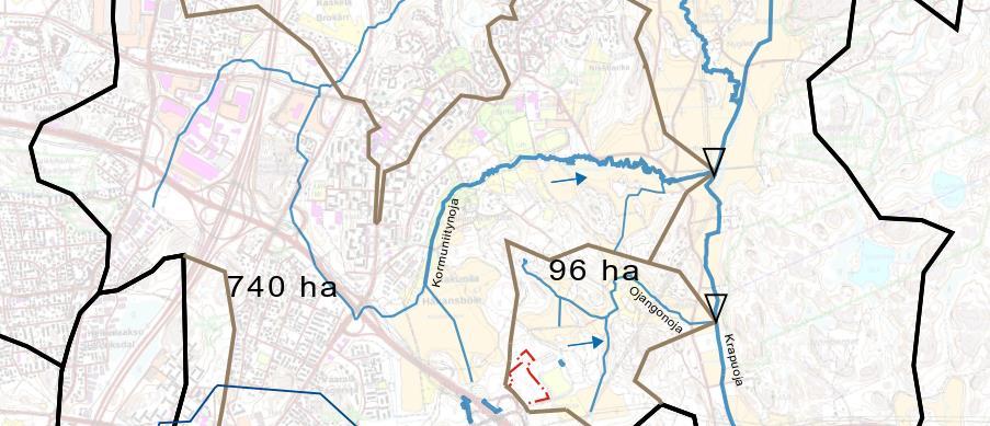 Hulevesien hallintasuunnitelma 20.1.2017 7 (16) 3.2 Alueellinen valuma-alue ja purkureitit Suunnittelualue sijaitsee Ojangonojan osavaluma-alueella (96 ha).