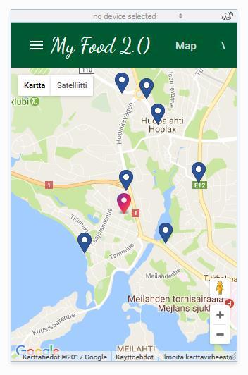 44 Koska oletuksena on, että käyttäjä etsii itselleen sopivaa ravintolaa tai kahvilaa ollessaan tien päällä ja käyttää sovellusta mobiililaitteellaan, sovelluksesta tehtiin responsiivinen, jolloin se