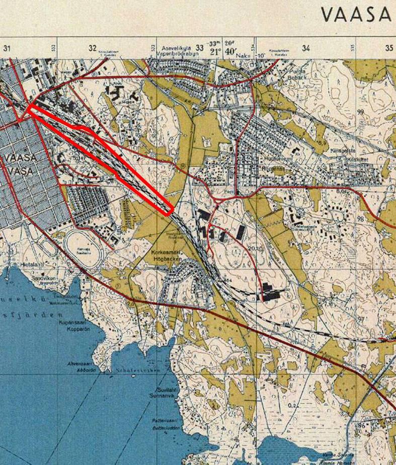 Kuva: ote kartasta 1950-luvun lopulta tai 1960-luvun alusta, Pohjanmaan museo. Yhdystietä ja moottoritietä ei ole vielä rakennettu, ja mm. Sairaskodinkatu rakennettiin vasta 1970-luvulla.