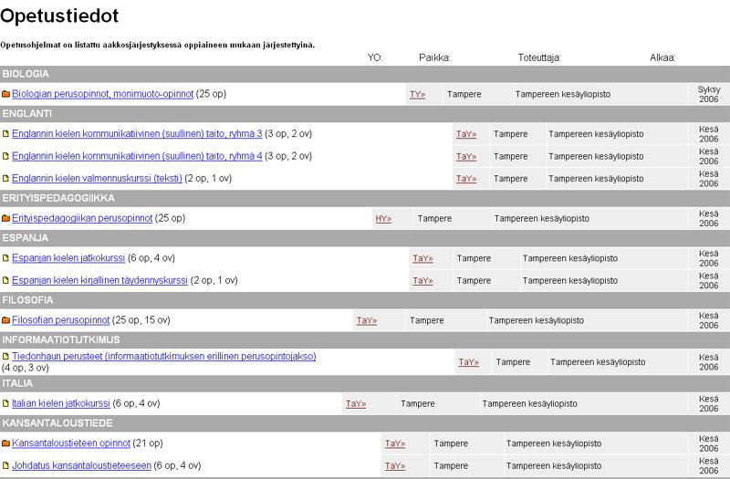 38 Kuva 9 Täsmähaun tuloksia, kun toteuttajana on Tampereen Kesäyliopisto ja kurssien alkamisajankohta on 2006.