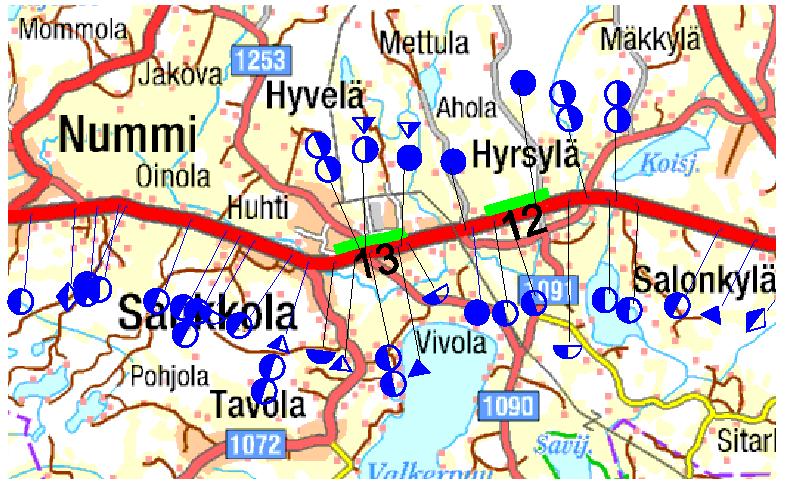 Ohituskaistoilla varustettujen tiejaksojen turvallisuus 33 TULOSTEN ANALYSOINTI Valtatieltä 1 tarkastelujaksojen yhteispituus on noin 66 km ja se on tarkastelluista teistä vilkkaimmin liikennöity