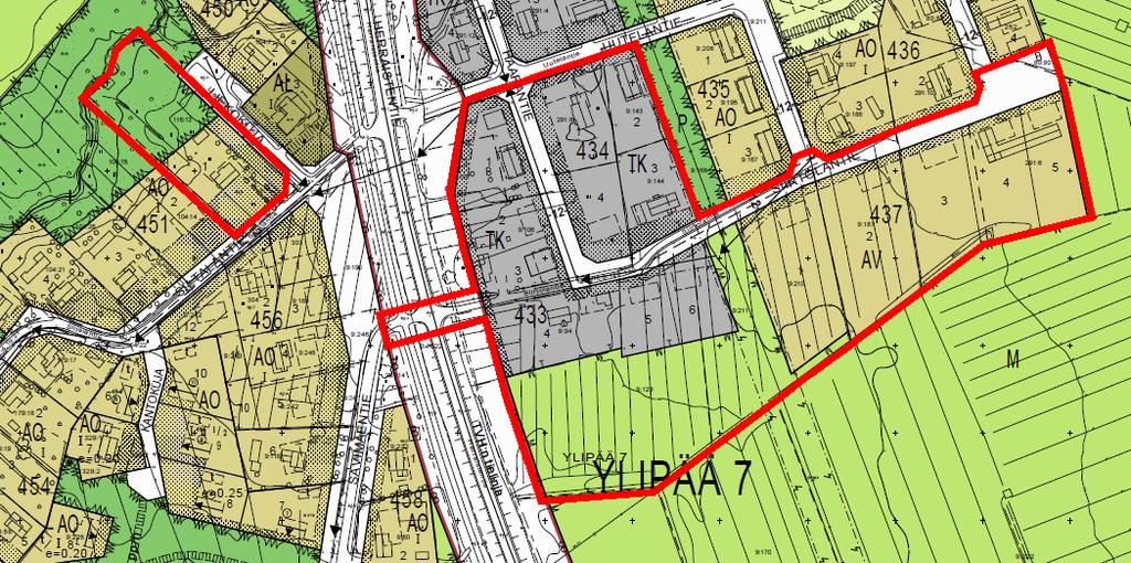 korttelialuetta TK. AO tontilla rakennusten kerrosluvuksi on osoitettu I. Tiealueiden varsille on osoitettu istutettavaa aluetta, kapeimmillaan 5 m:n levyisenä vyöhykkeenä.
