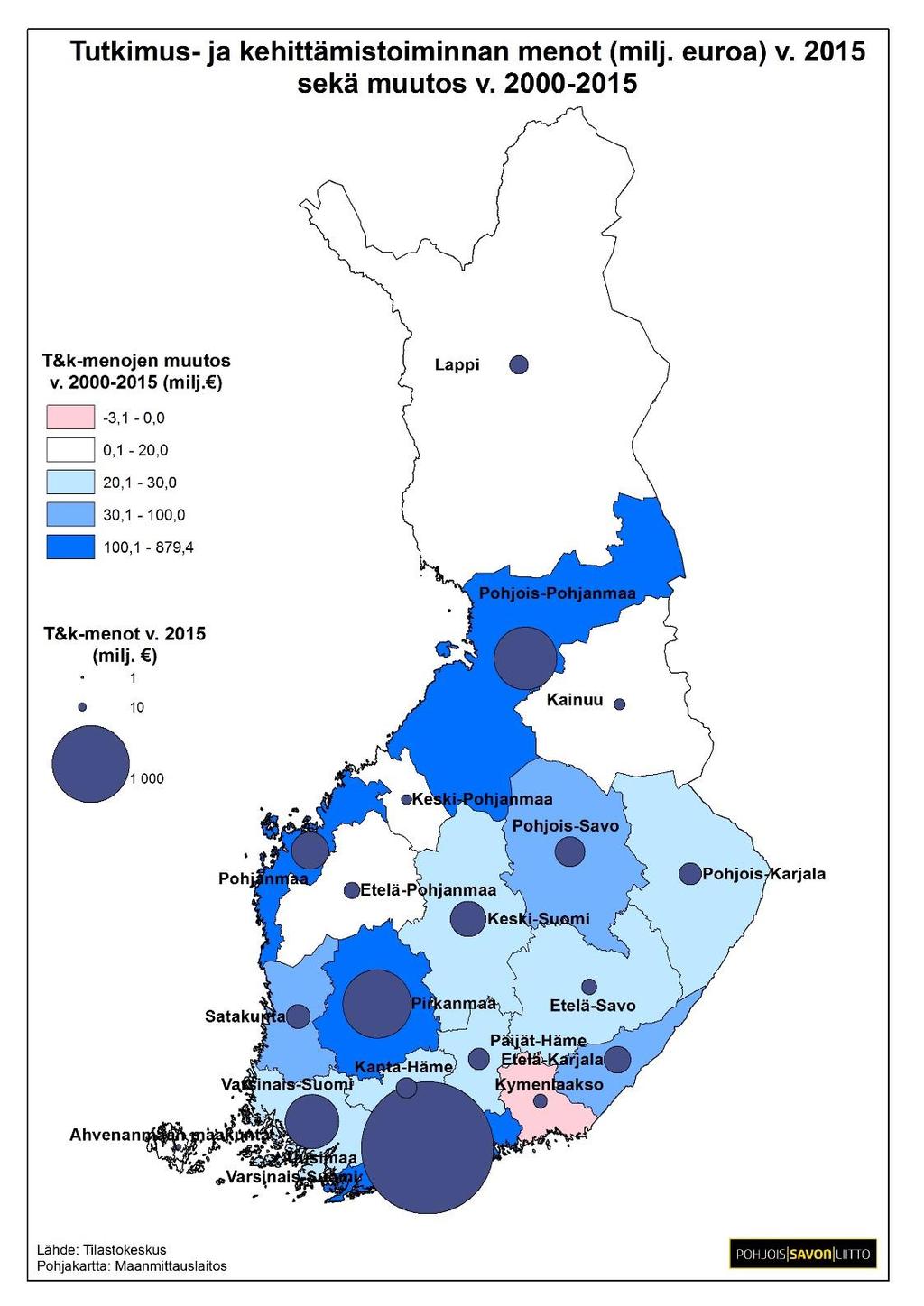 Tutkimus- ja kehittämistoiminnan menot (milj. ) ja henkilöstö v. 2015 Lähde: Tilastokeskus T&k-menot Muutos Osuus v. 2000- koko 2014 milj. maasta (%) T&khenkilöstö Maakunta 2015 milj.