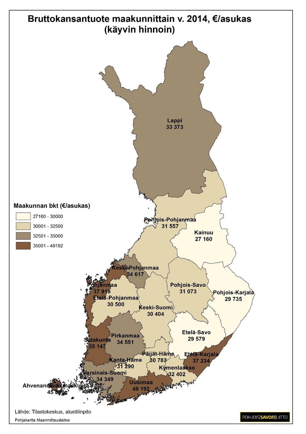 Rikas etelä ja länsi Köyhempi itä ja keskinen Suomi Bruttokansantuotetta nostavat korkea tulotaso (=