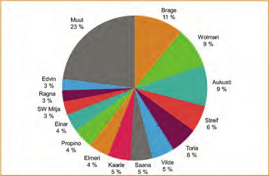 Proportion of a conventionally grown barley samples with a hectoliter weight of a minimum of 64 kg and average yield level by variety in 2016. Kuva 26.
