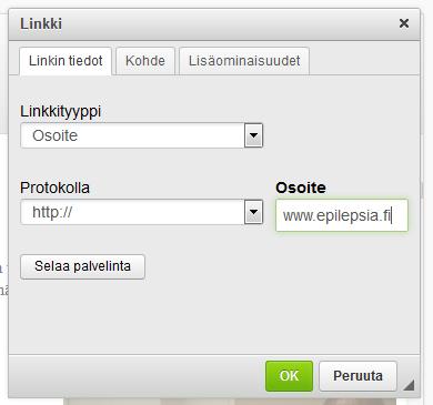 Kirjita tai liitä haluamasi site Osite-kenttään. Avaa Khde-välilehti pnnahdusikkunan ylälaidasta Valitse alasvetvaliksta vaihteht: Uusi ikkuna (_blank) ja paina OK.