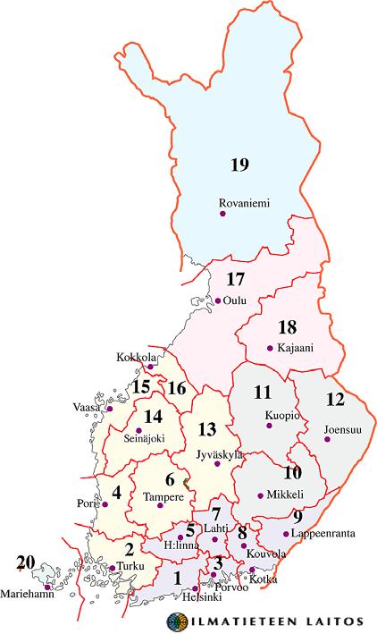 14 Liikennesäätiedotuksen toteutuminen ja arviointi 2004 2007 ja yhteenveto 1997 2007 JOHDANTO Kuva 3. Liikennesääennustetta kuvailtaessa käytetty Ilmatieteen laitoksen numeroitu maakuntajako: 1.