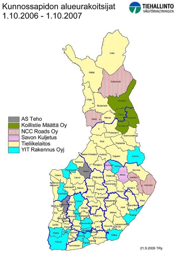 Liikennesäätiedotuksen toteutuminen ja arviointi talvikausilla 2004 2007 ja yhteenveto talvikausilta 1997 2007 JOHDANTO 15 Kuva 4. Urakka-alueet ja urakoitsijat talvella 2006 2007.