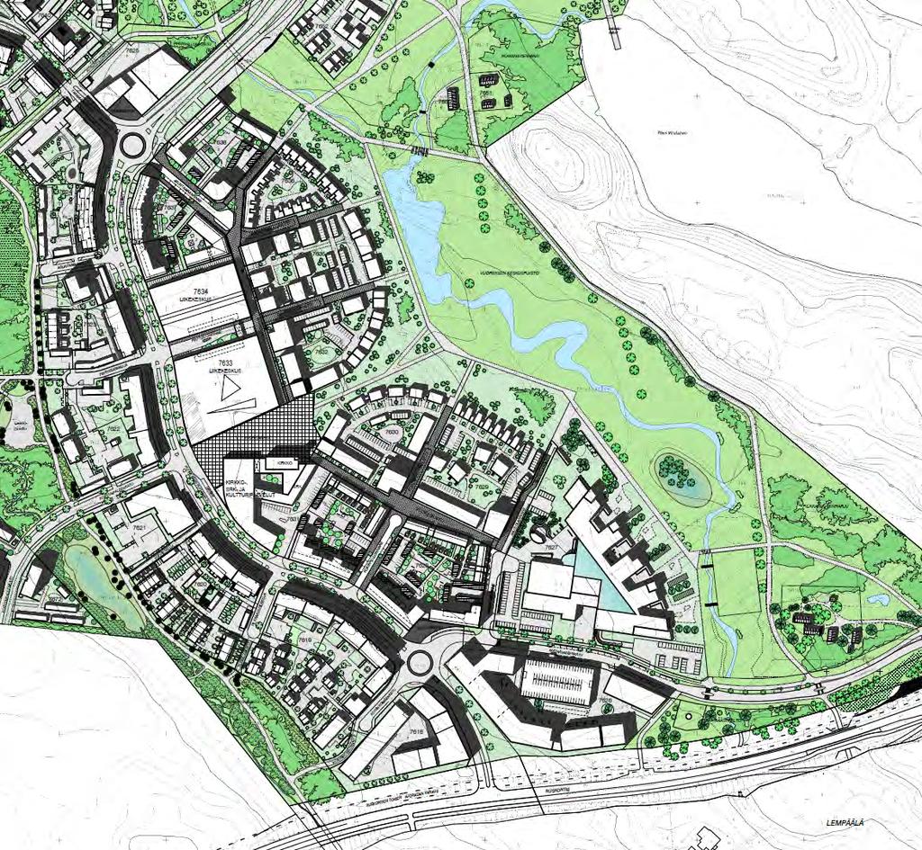 Sekoittunut rakenne: asumista palveluja työpaikkoja harrastusmahdollisuuksia Liikekeskus Tori Kirkko kirjasto Liike- ja toimistotilaa asuintalojen