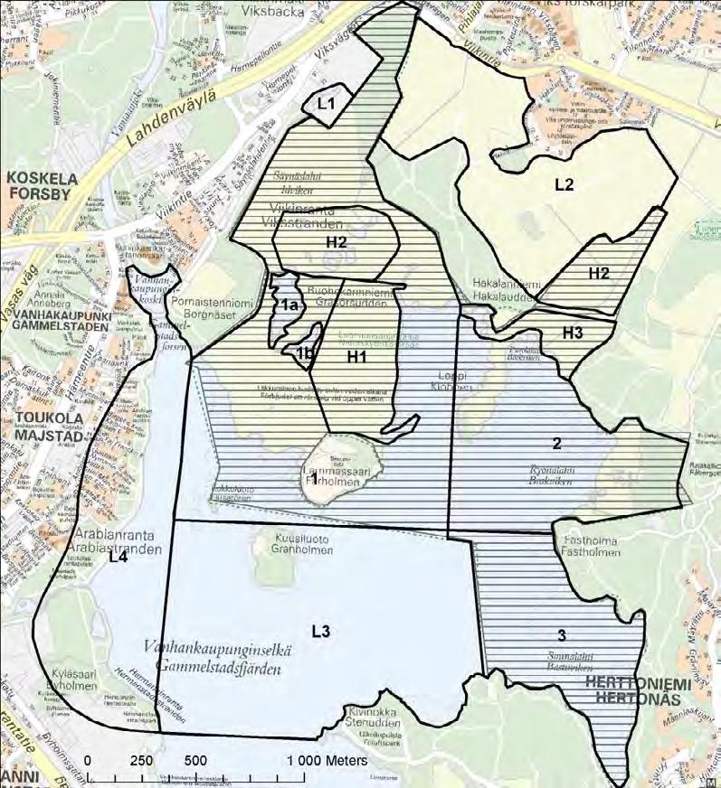 Kuva 3.31 Vanhankaupunginlahden linnustonseuranta-alue vuosina 2000 2012 osa-alueineen (Mikkola-Roos ym. 2013).