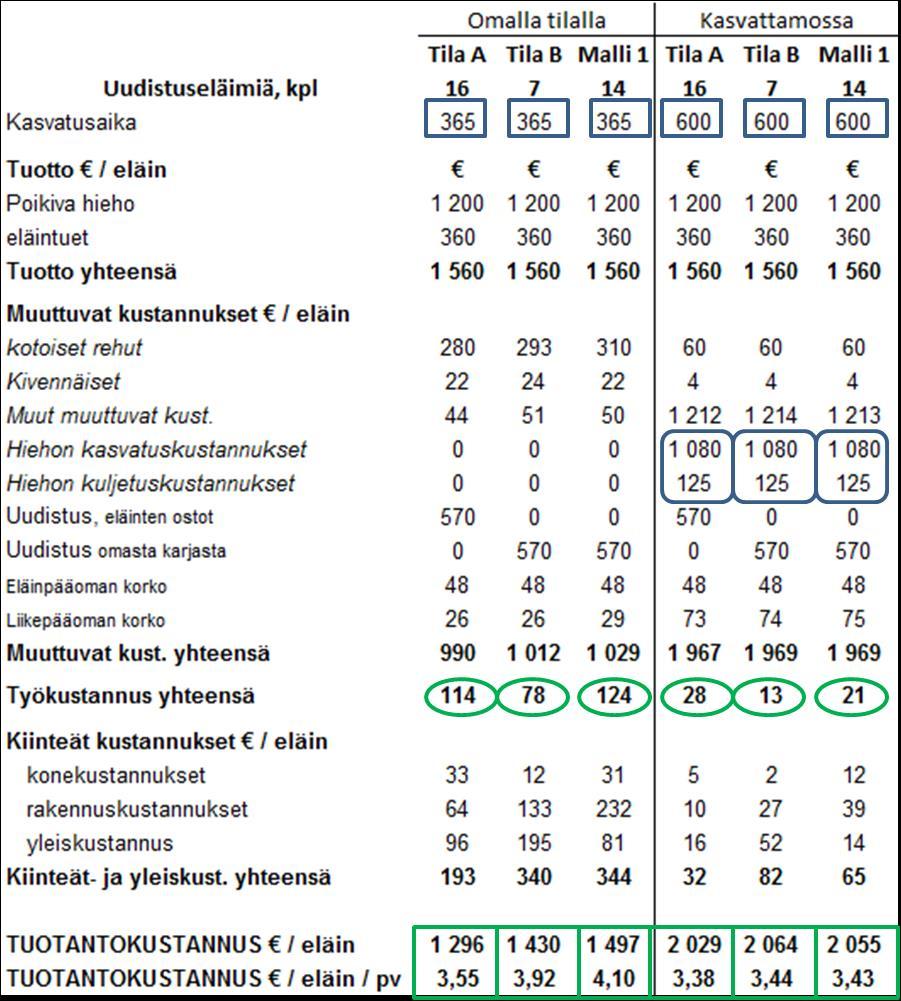 49 6.4 Uudistuseläinten tuotantokustannukset KUVIO 19. Kuvankaappaus uudistushiehon tuotantokustannuslaskelmasta kahdella case-tilalla ja yhdellä mallitilalla.