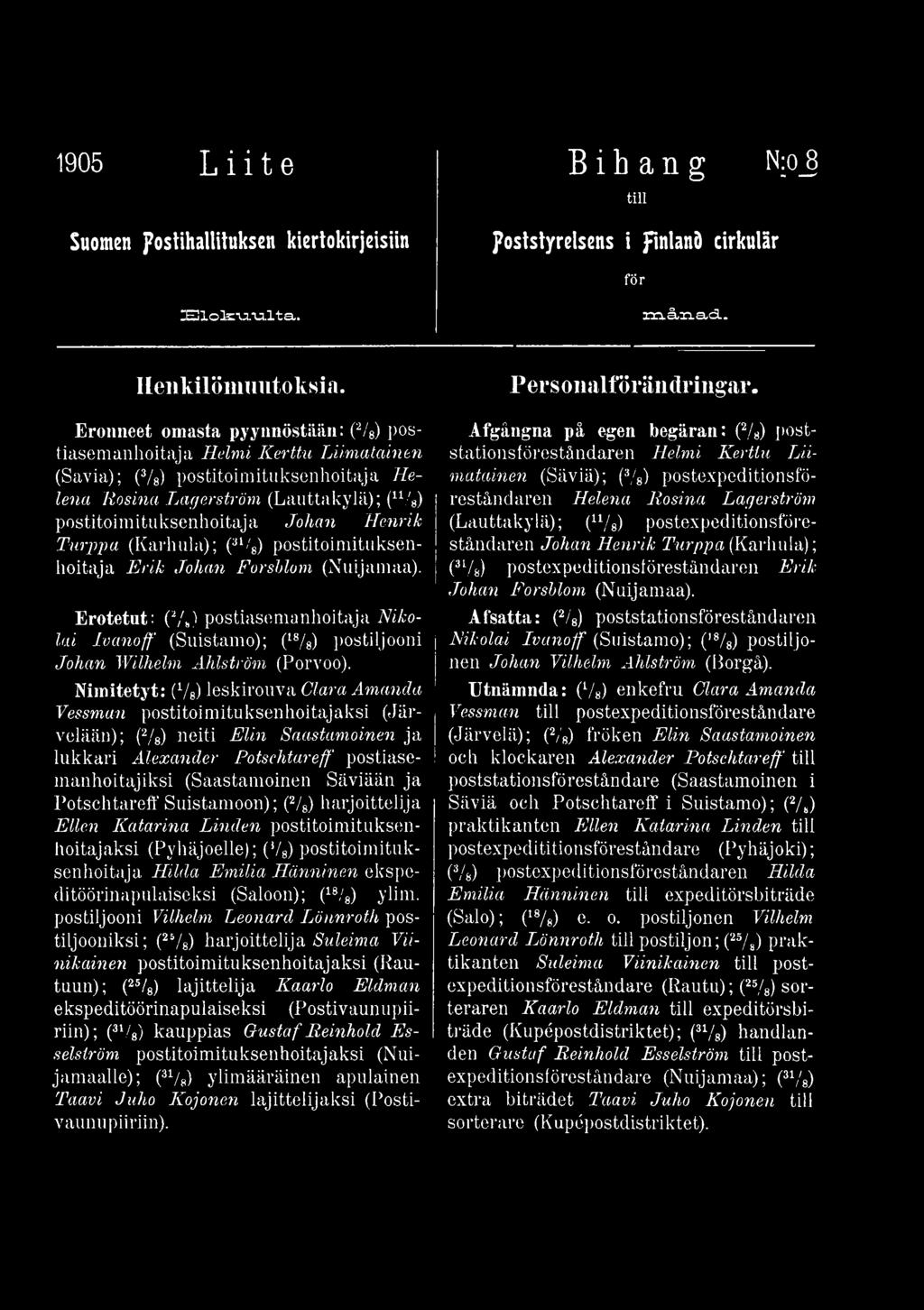 Nimitetyt: (Ve) leskirouva Clara Amanda Vessman postitoimituksenhoitajaksi (Järvelään); (2/8) neiti Elin Saastamoinen ja lukkari Alexander Potschtareff postiasemanhoitajiksi (Saastamoinen Säviään ja