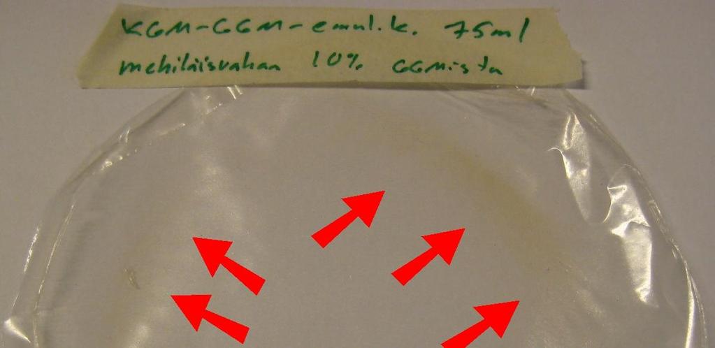 keen KGM-liuoksen vesimäärä oli 180 ml ja GGM-emulsion 120 ml. KGM-liuoksen pienentynyt tilavuus ei silmämääräisesti vaikuttanut liuoksen viskositeettiin. 45 3.