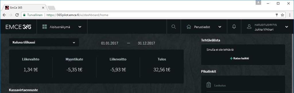 Aloitusnäkymässä pääset selailemaan yritykselle