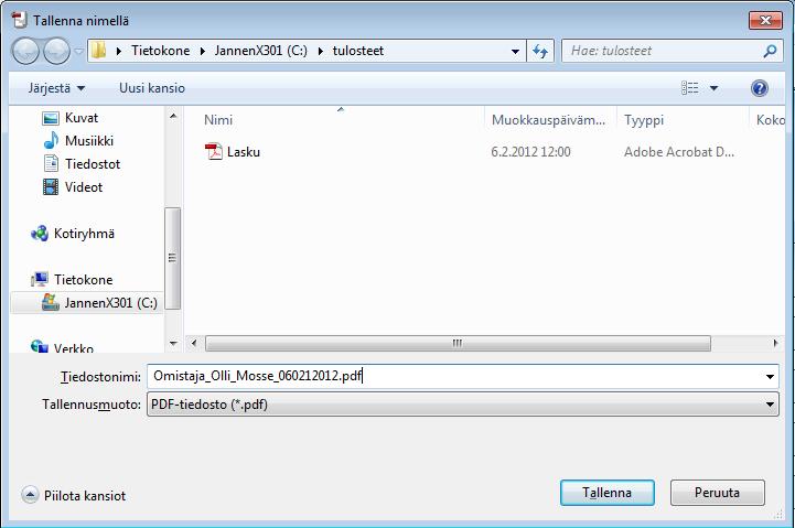 ohjelma kysyy, mihin PDF-tiedosto tallennetaan. Valitse kansio ja anna tiedostolle nimi ja tallenna se haluamallasi nimellä.