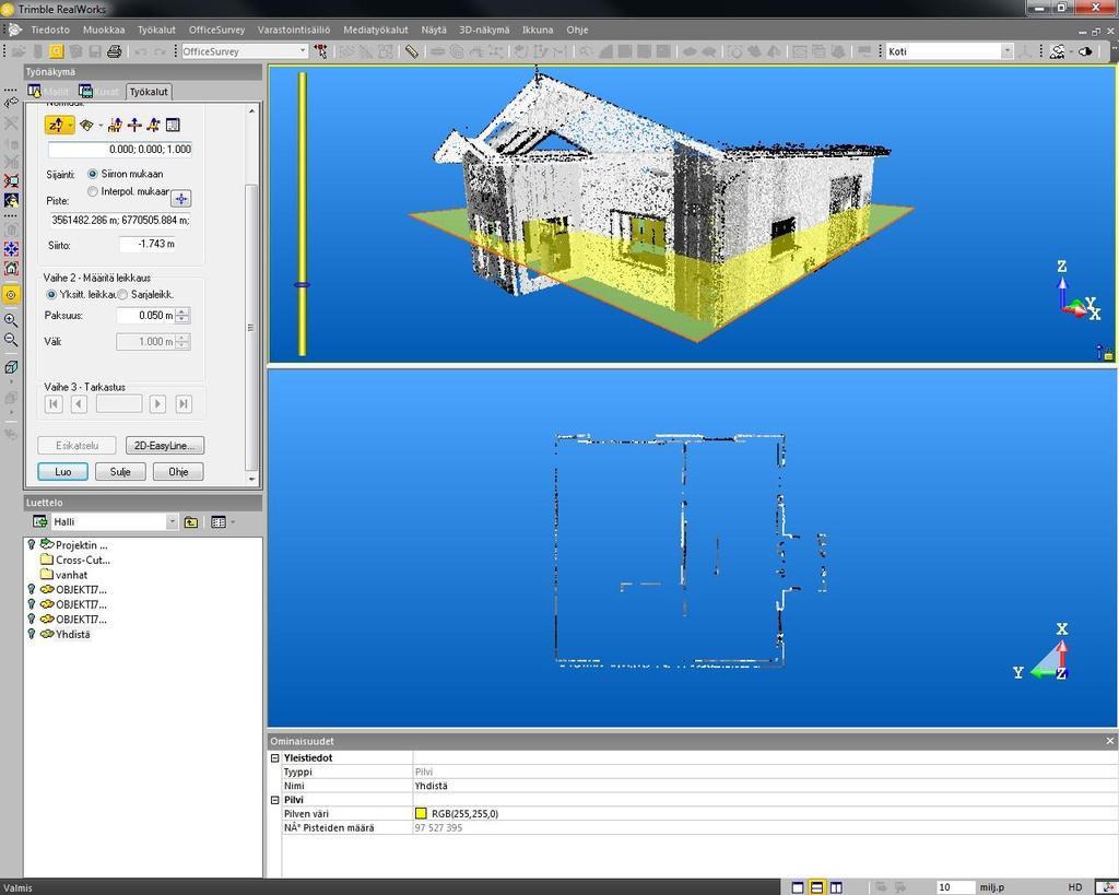 9.2.2 Tasokuvan tuottaminen rakennuksesta Ohjelmia vertailtiin tapauksessa, jossa rakennuksesta tuotetaan 2Dleikkauskuva pistepilven perusteella.