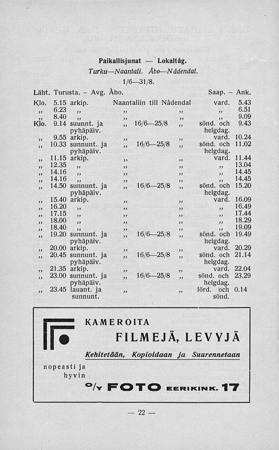 Paikallisjunat Lokaltåg. Turku Naantali. ÅboNådendal. 1/631/8. Läht. Turusta. Åbo. Saap. Ank. Klo. 5.15 arkip. Naantaliin till Nådendal vard. 5.43 6.23 6.51 8.40 9.09 Klo. 9.14 suunnt.