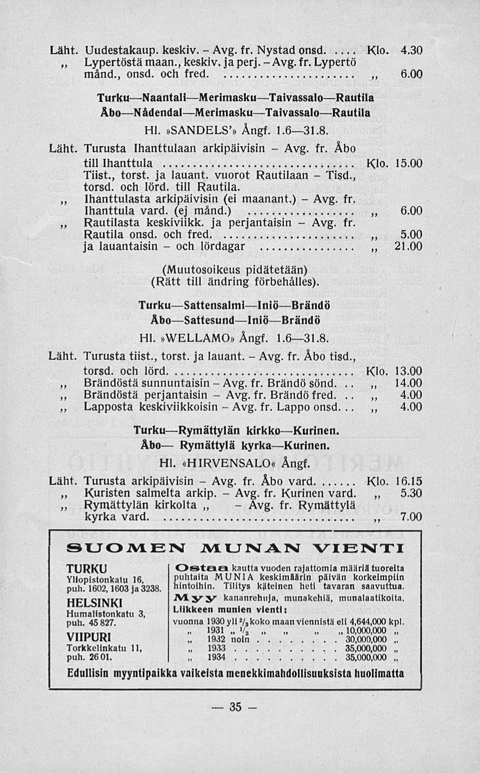 1932 1933 1934 Läht. Uudestakaup. keskiv. fr. Nystad onsd Klo. 4.30 Lypertöstä maan., keskiv. japerj. fr. Lypertö månd., onsd. och fred 6.