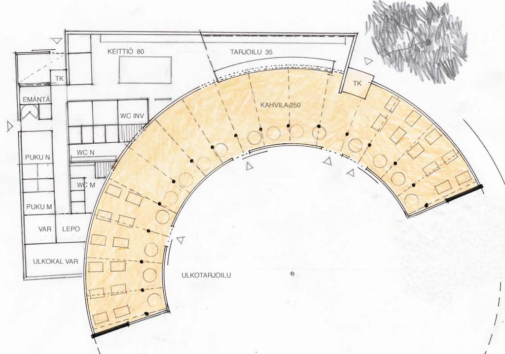 KESKIOSAN ISO KAHVILARAKENNUS 550 k-m², 200 asiakaspaikkaa, n. 150 ulkotarjoilupaikkaa Suurehko kahvila sijaitsee puistoakseleiden risteyksessä puiston sydämessä.
