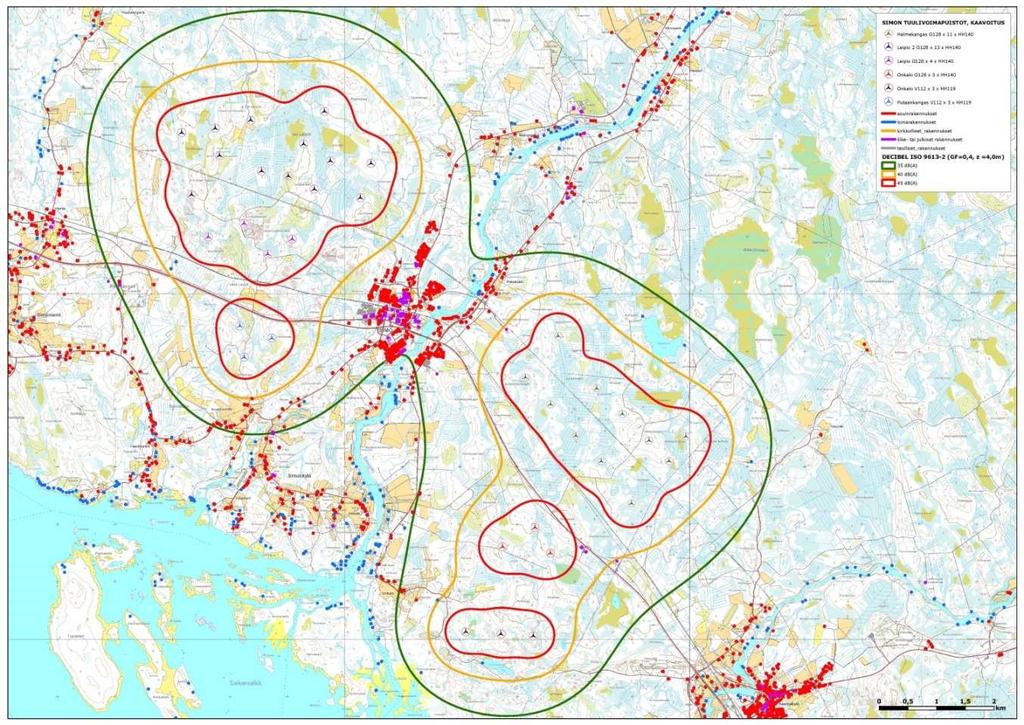 FCG SUUNNITTELU JA TEKNIIKKA OY Kaavaselostus, ehdotus 70 (84) Kuva 26. Melumallinnuskartta TuuliWatti Oy:n Leipiön, ja Onkalon tuulivoimapuistohankkeiden yhteisvaikutuksista.