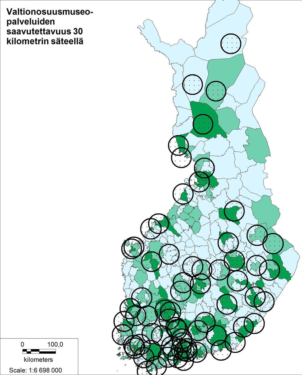 Valtionosuusmuseoiden alueellinen saavutettavuus 30 kilometrin säteellä.