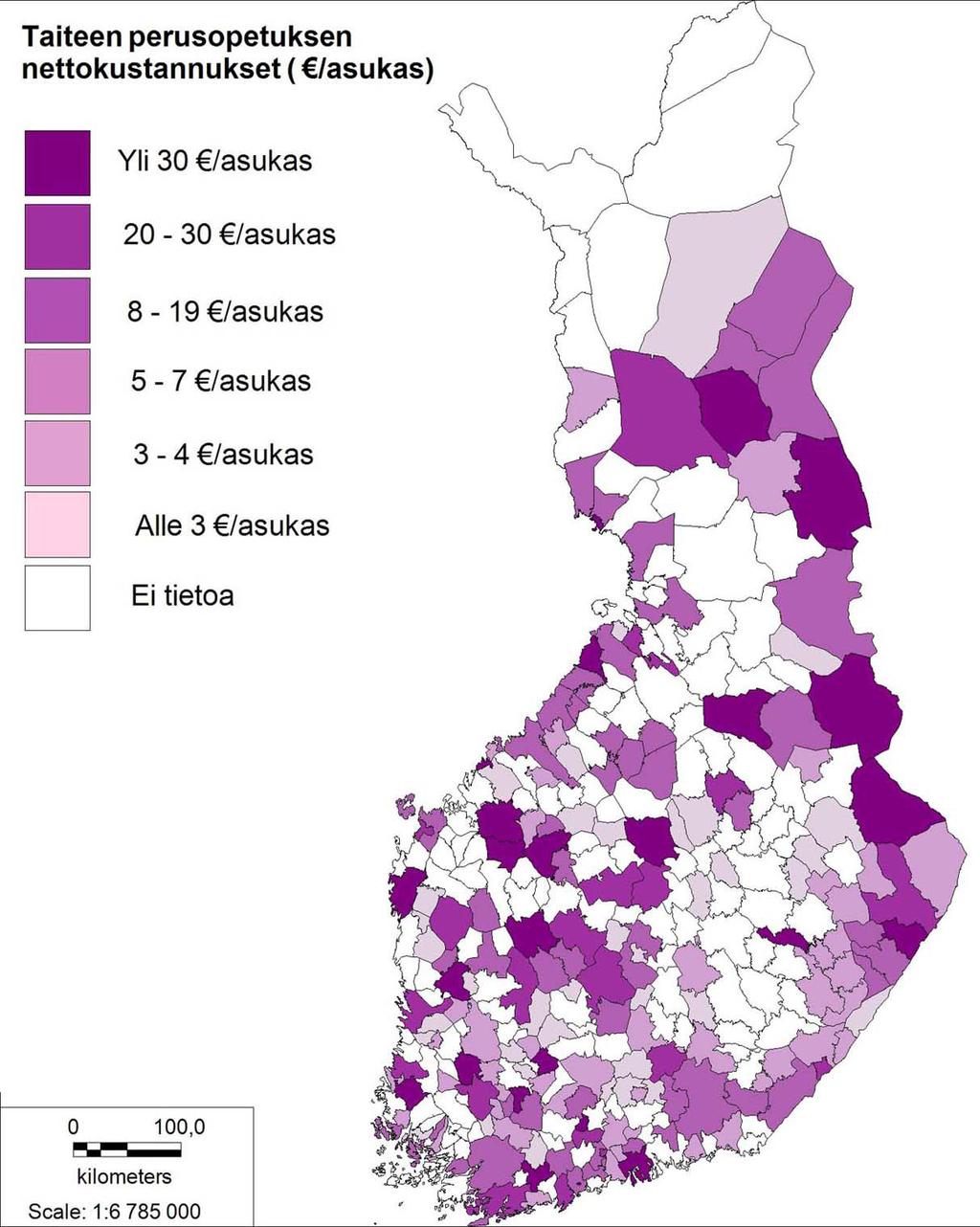 Kartta 21.10 Taiteen perusopetuksen asukaskohtaiset nettokustannukset. Kartta 21.