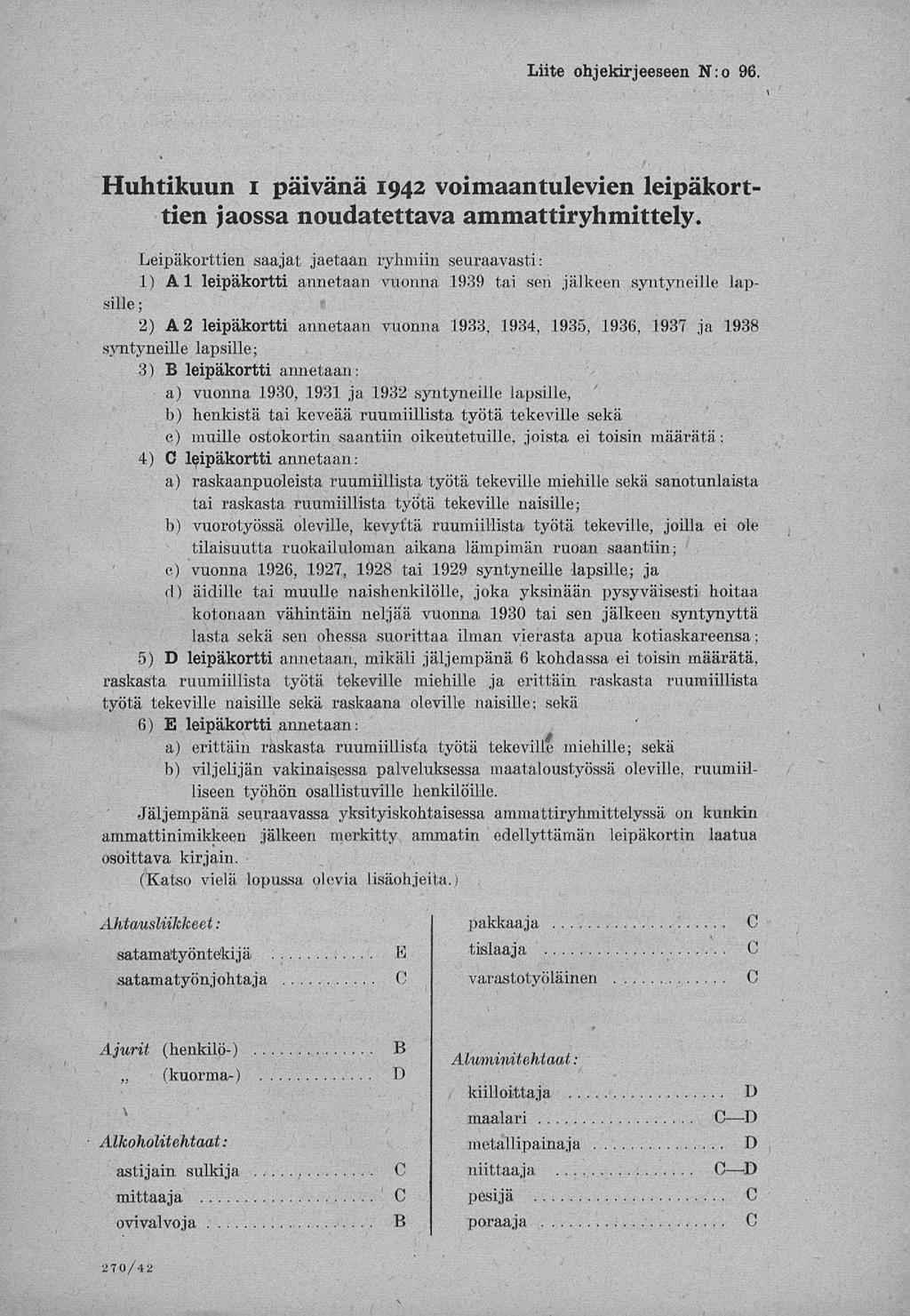 Liite ohjekirjeeseen N: o 96 Huhtikuun i päivänä 1942 voimaantulevien leipäkorttien jaossa noudatettava ammattiryhmittely.
