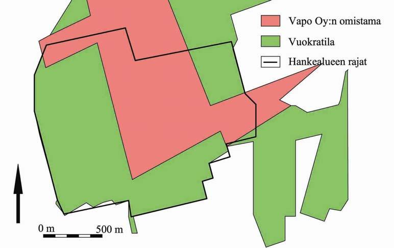 Kuva 4. Haukinevan eteläosan maanomistus. 3 HANKKEEN TOTEUTTAMISVAIHTOEHDOT Haukinevan eteläosan tuotantokelpoinen alue (225 ha) on kokonaisuudessaan sarkaojitettu turvetuotantoa varten.