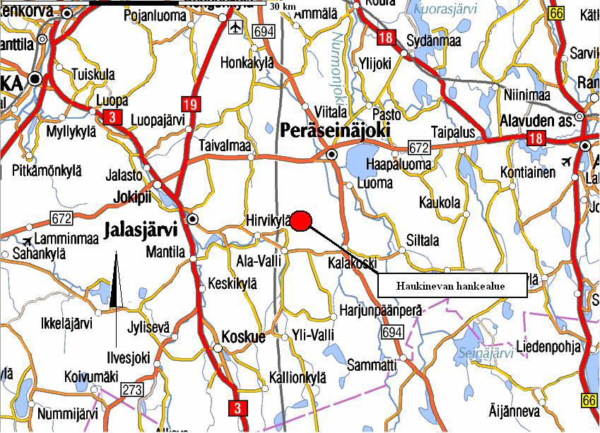 2 TIEDOT HANKKEESTA 2.1 Sijainti Haukineva sijaitsee Jalasjärven ja Peräseinäjoen kuntien alueella, Peräseinäjoen keskustan länsipuolella ja Parkano Seinäjoki radan itäpuolella.
