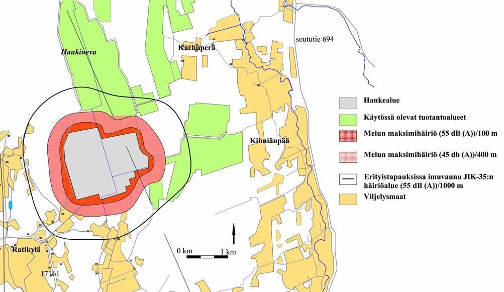 Kuva 22. Mallinnetut melun häiriöalueet. Luonnon rauhaa hakeva retkeilijä saattaa kuitenkin kokea tuotannosta aiheutuvat äänet haitallisina jo paljon pienemmillä meluarvoilla.