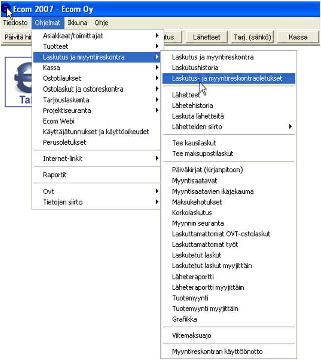 3. Läheteoletukset Läheteoletukset löytyvät ohjelmat-valikon alta kohdasta laskutus ja myyntireskontra ja sen alta laskutus- ja myyntireskontraoletukset. 2.