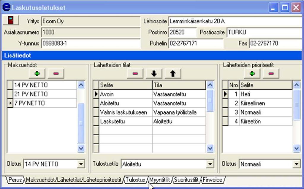 2.2 Lähetetilat Lähetteiden tilat löytyvät toiselta alavälilehdellä, joka on nyt valittuna. Alla olevalle sivulla on uuden Ecomin oletuslähetetilat.