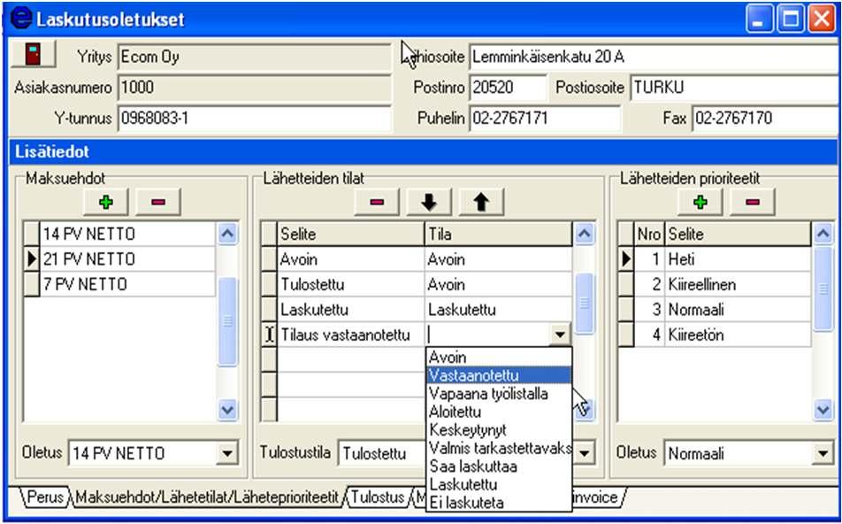 2.22 Lähetetilojen muuttaminen Uusi lähetetila tehdään tyhjälle riville. Ensin annetaan selite-kenttään uusi nimi. Tämä nimi näkyy lähetteessä, kun sille valitaan lähetetilaa.