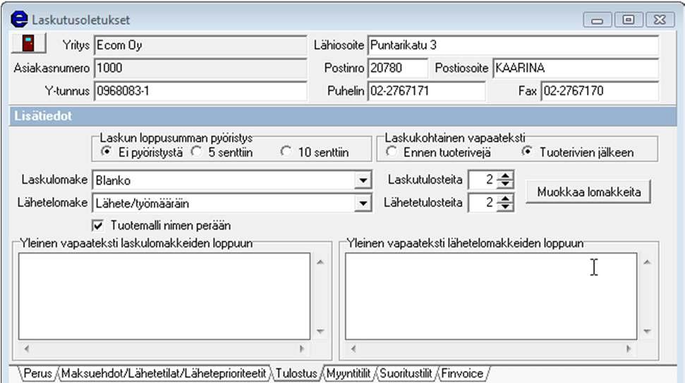2.4 Tulostusoletukset, lähetteet 1. Alavetovalikosta valitaan oletuksena käytettävä lähetelomake ja kopioiden lukumäärän. 2.