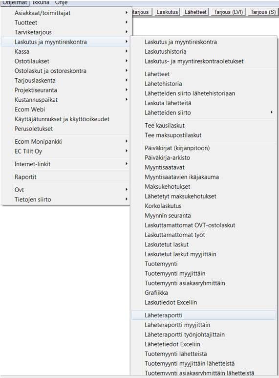 Läheteraportit Läheteraportit löytyvät Ohjelmat valikon alta kohdasta laskutus- ja myyntireskontra ja sieltä omana osionaan alkaen