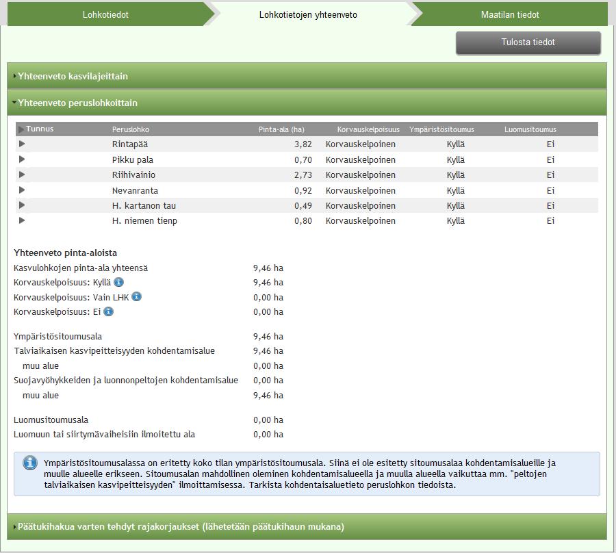 Päätukihaku Lohkotietojen yhteenveto Uutena Lohkotietojen yhteenveto osiossa näytetään yhteenvetoja pinta-aloista: kasvulohkon