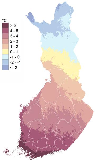 The average temperature (1981-2010) in Finland C F 5 41 4 39,2 3 37,4 2 35,6 1 33,8 0 32-1 30,2-2 28,4-3 26,6 The average year temperature