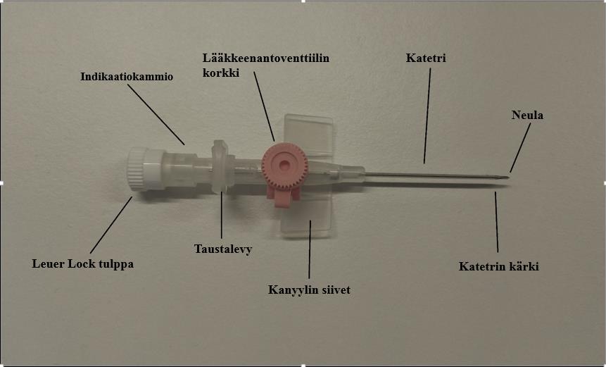 7 Kuva 1. Perifeerinen laskimokanyyli (Siitonen 2016). Kanyylin ulkohalkaisijamitta (taulukko 1) ilmoitetaan millimetreinä ja Gauge-mittana (G).
